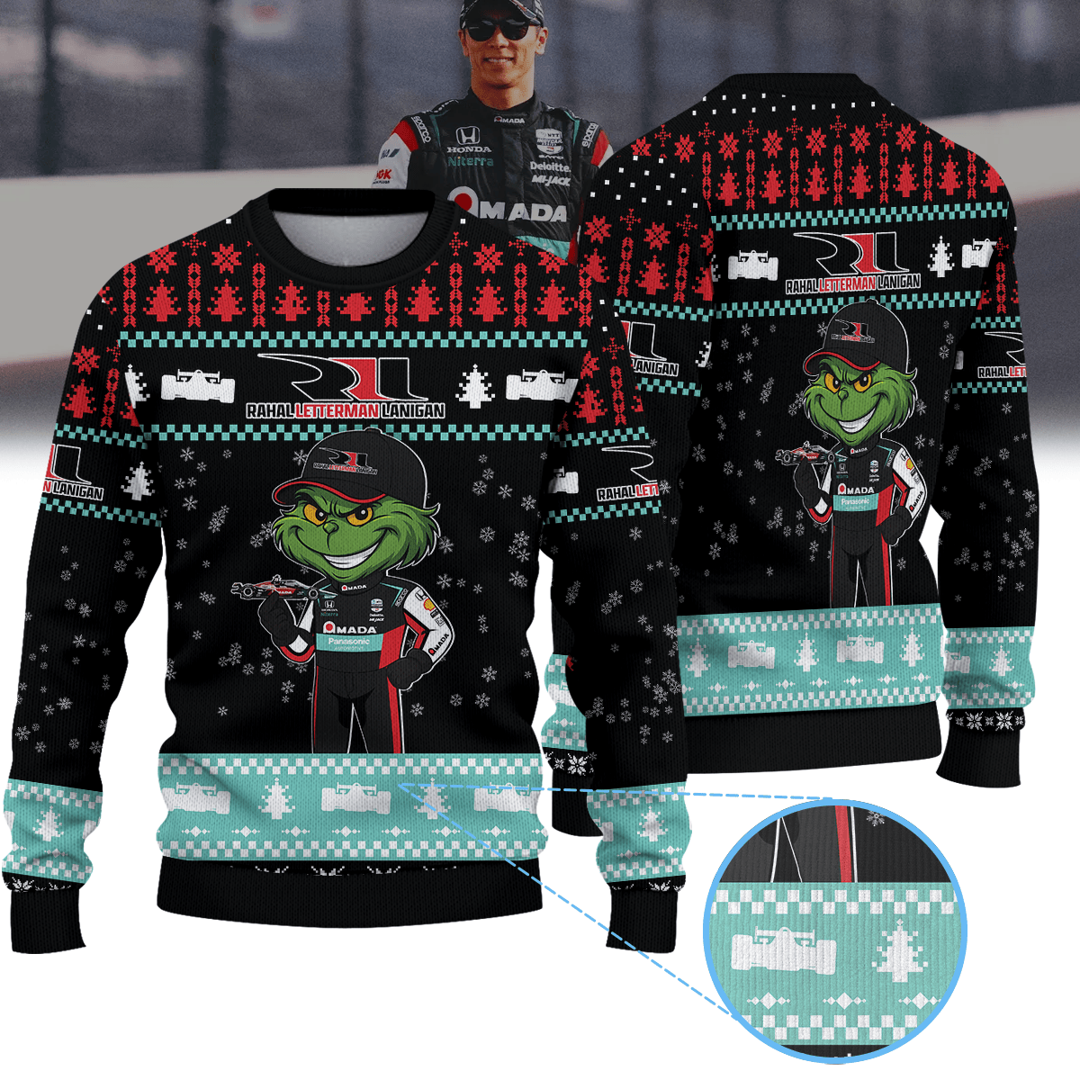 Rahal Letterman Lanigan Racing Takuma Sato IndyCar × Grinch Ugly Christmas Sweater