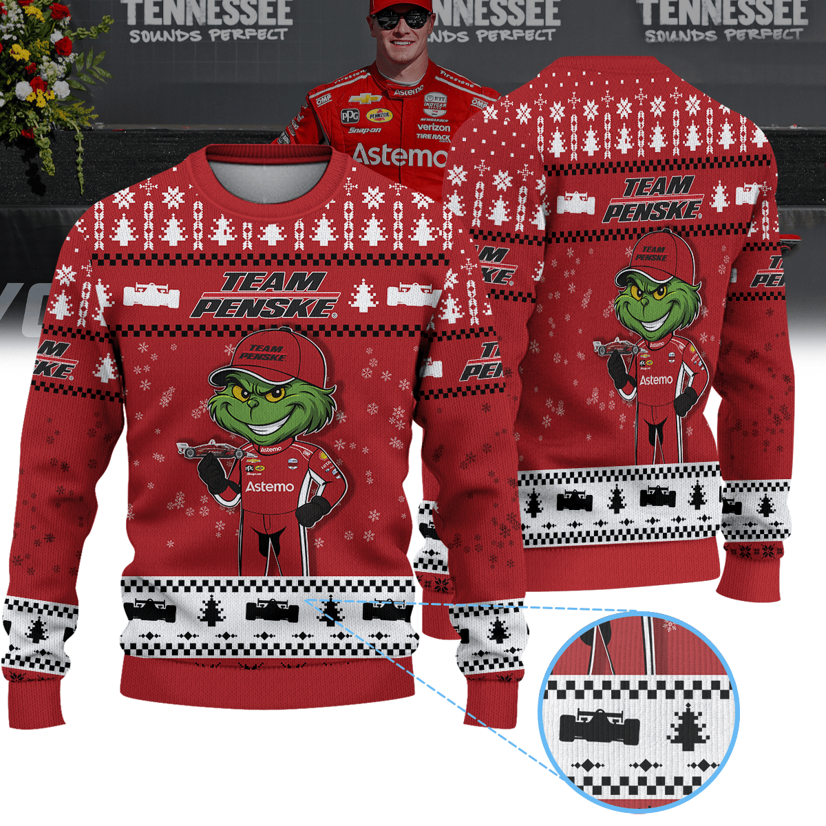 Team Penske Josef Newgarden IndyCar × Grinch Ugly Christmas Sweater