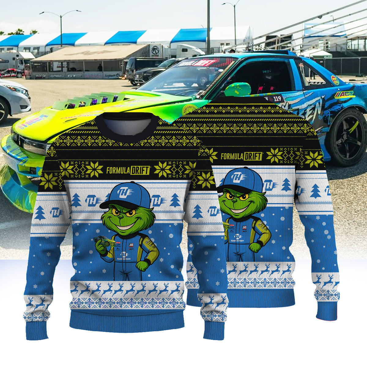 Team Hansen Drifting Rudy Hansen × Grinch Ugly Christmas Sweater