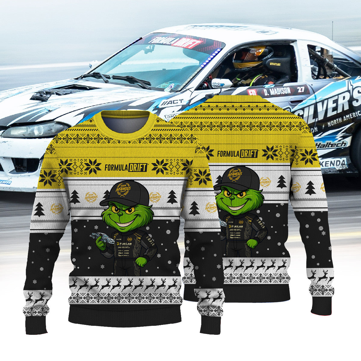 Team Infamous Derek Madison × Grinch Ugly Christmas Sweater