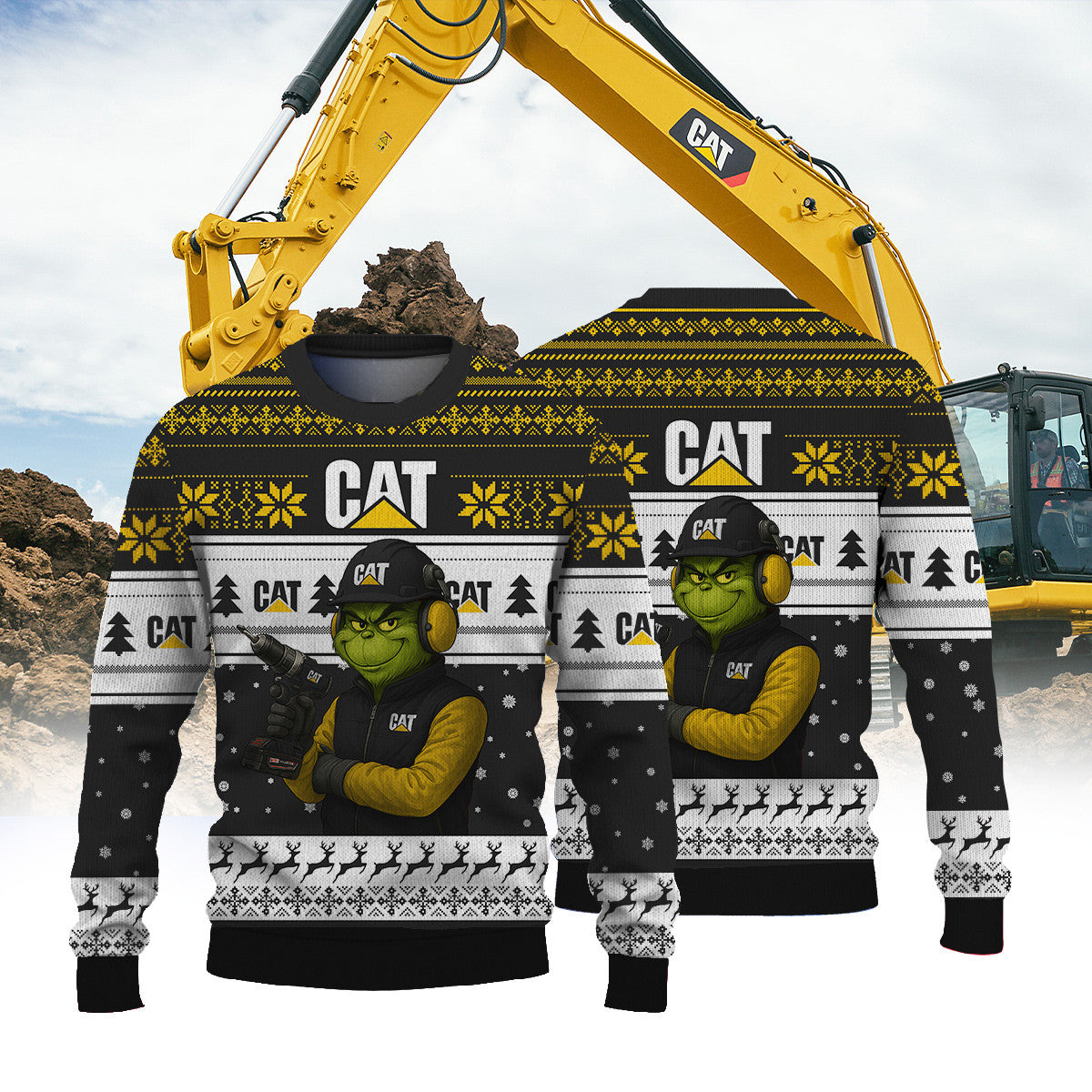 Premium Caterpillar × Grinch Ugly Christmas Sweater