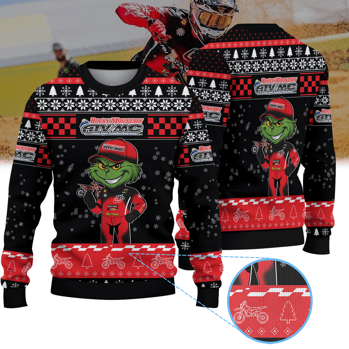 Anthony Rodriguez Rocky Mountain ATV MC Rides Unlimited Racing × Grinch Ugly Christmas Sweater
