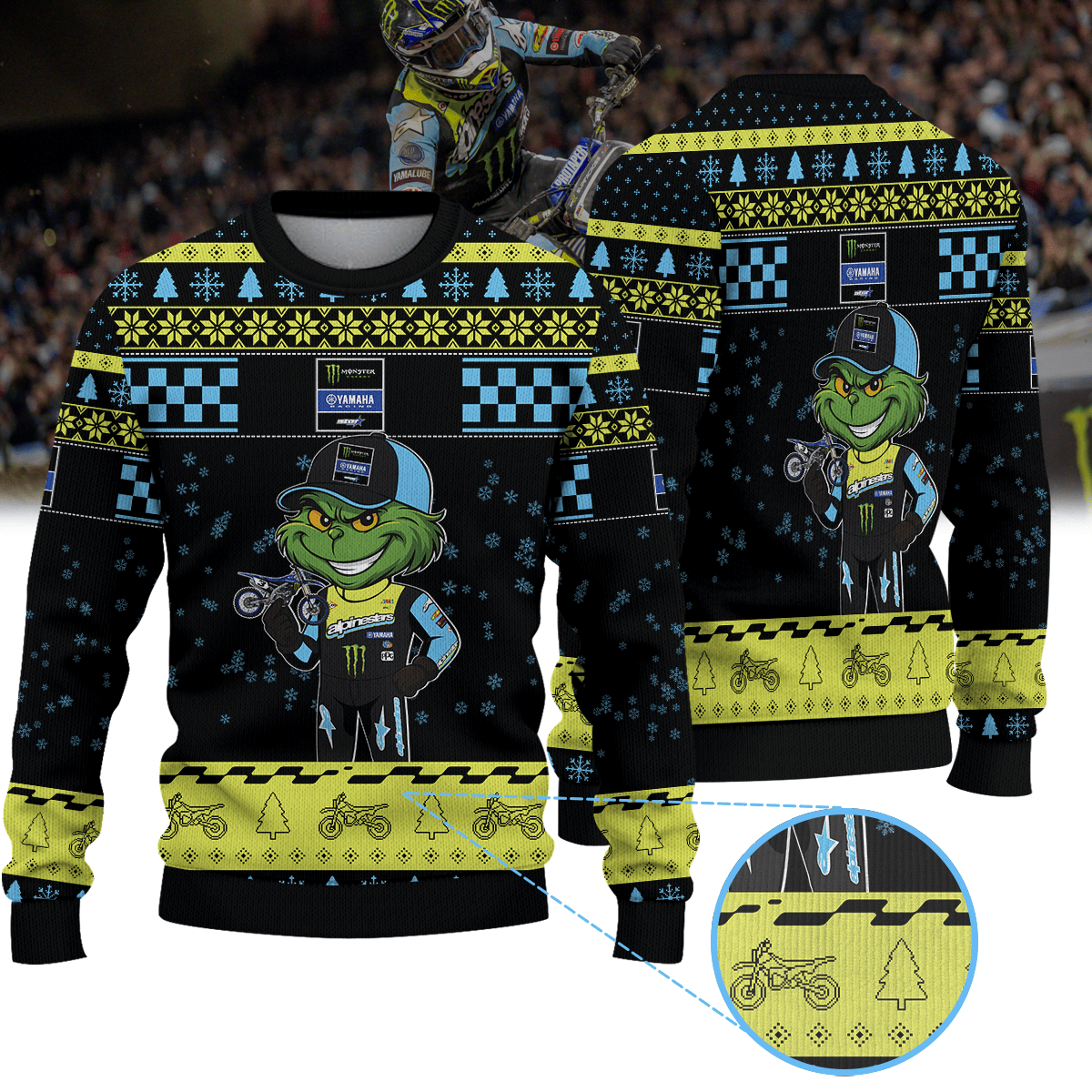 Eli Tomac Monster Energy Yamaha Star Racing × Grinch Ugly Christmas Sweater