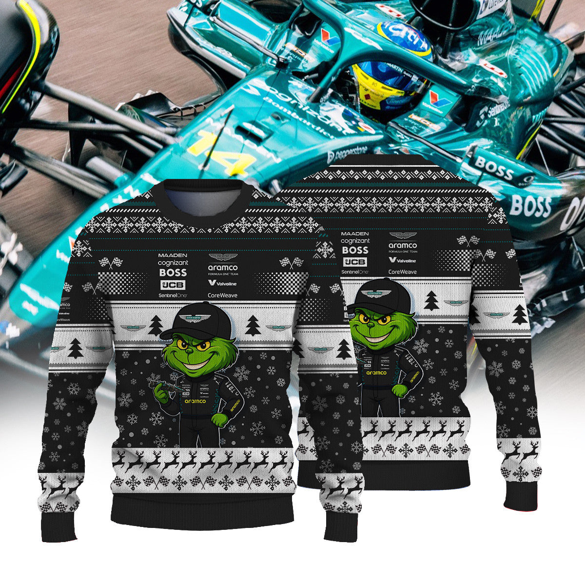 Aston Martin Aramco Formula One Team × Grinch Ugly Christmas Sweater v2