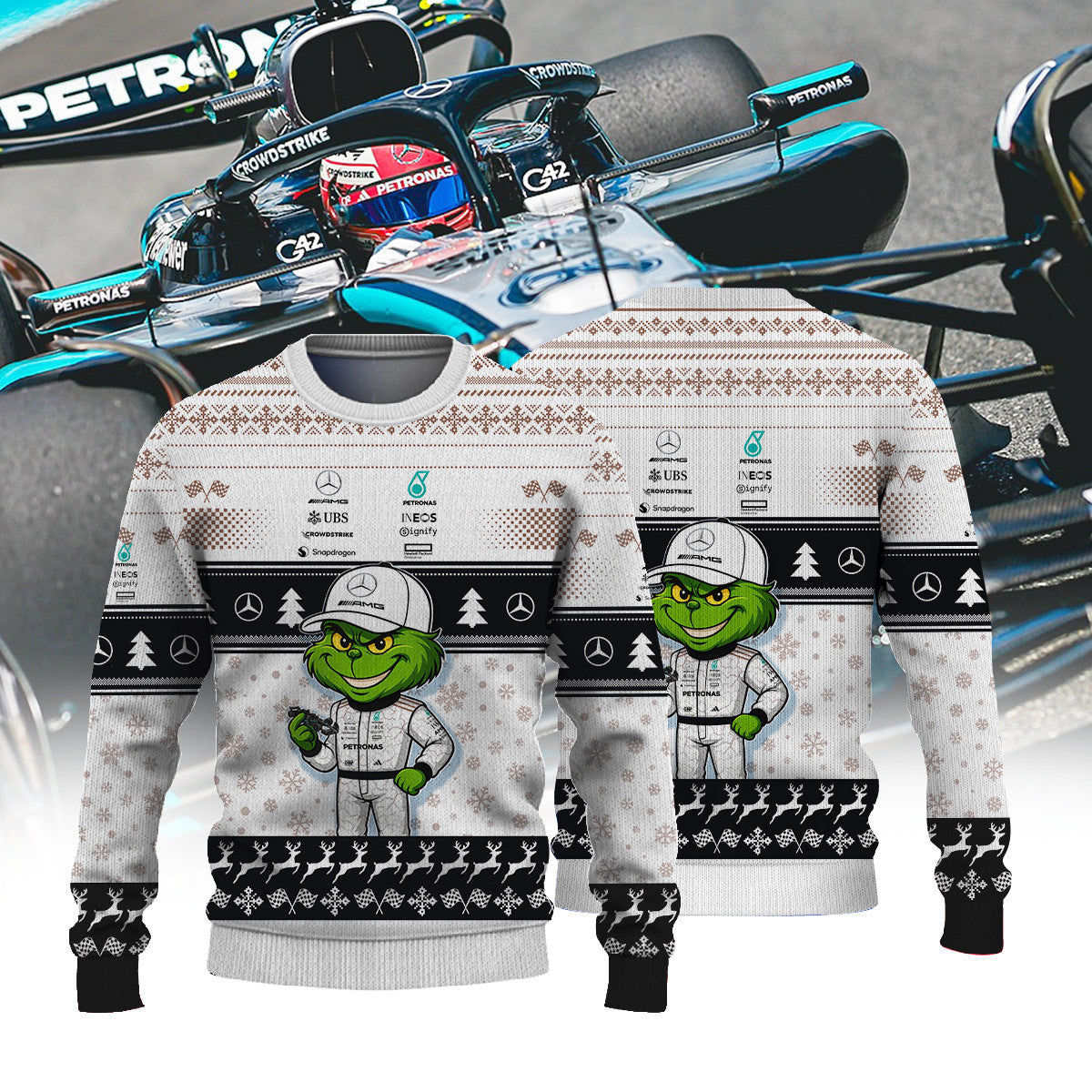 Mercedes AMG Petronas Formula One Team × Grinch Ugly Christmas Sweater v2